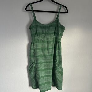 Toad & Co Sundress Green Striped Cotton Dress Smocked Back Large Pockets Sz M